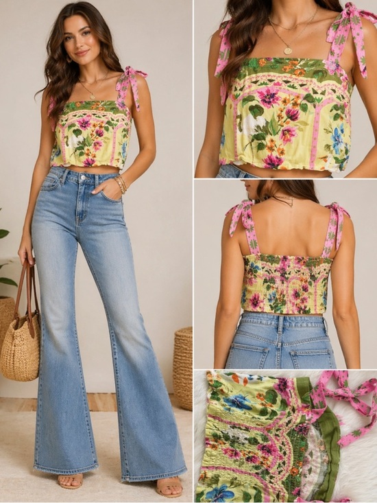 Alice + Olivia Tops - Rose + Olive Floral Tie Strap Smocked Crop Top Boho Resort S
